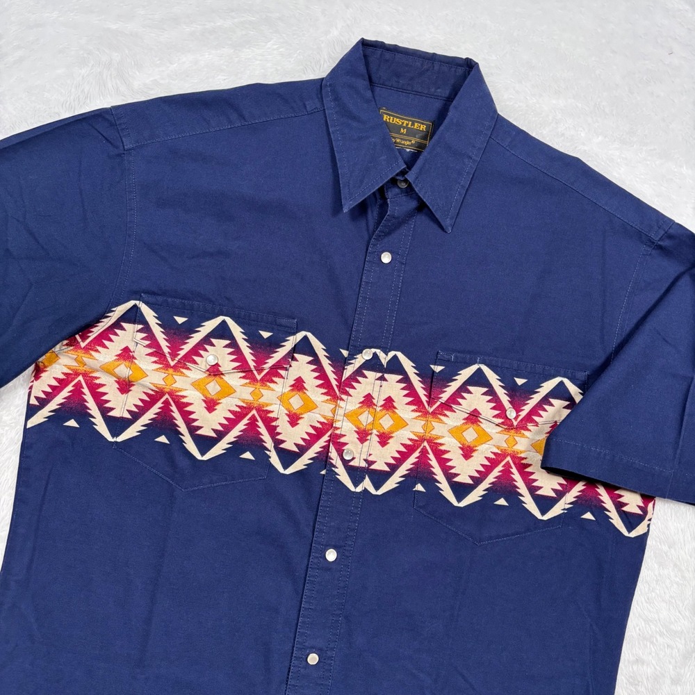 VTG Rustler Western Shirt Men M Blue Southwestern Aztec Pearl Snap Short Sleeve
